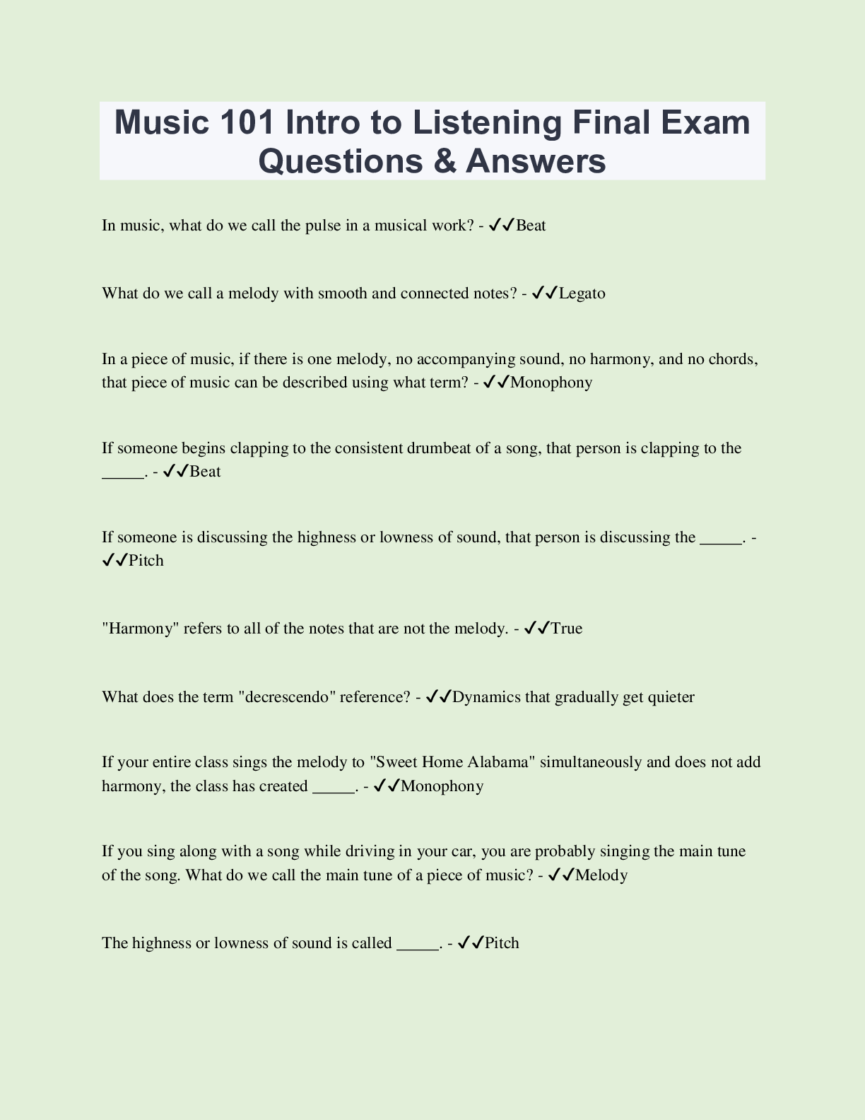 Music 101 Intro to Listening Final Exam Questions & Answers 425